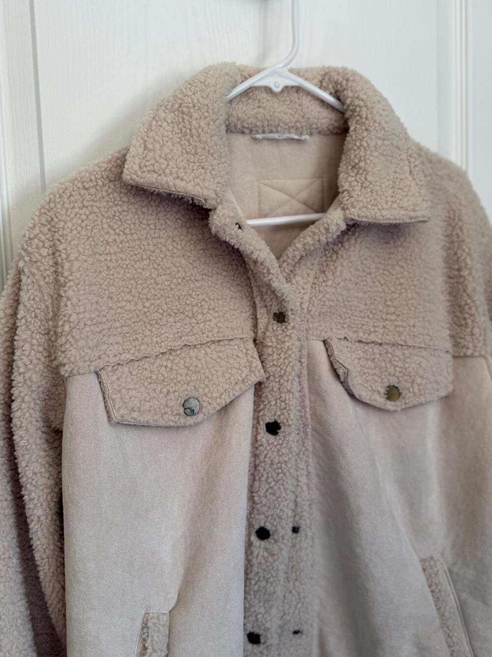 12th Tribe Sherpa Suede Faux Fur Button Down Shacket Jacket Cream Small - Picture 2 of 10
